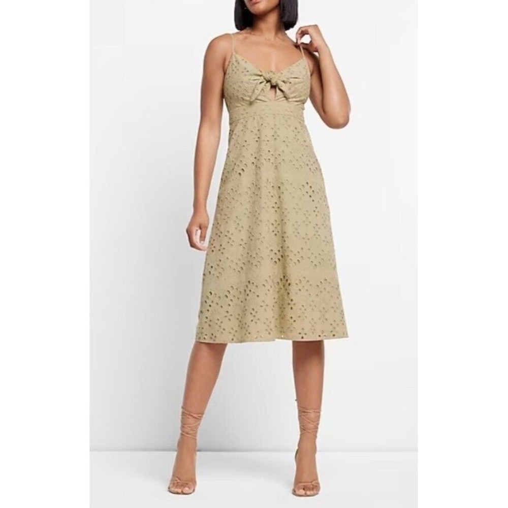 Express Eyelet Tie Front Midi Dress green sz Large L $128 NWT 100% Cotton
